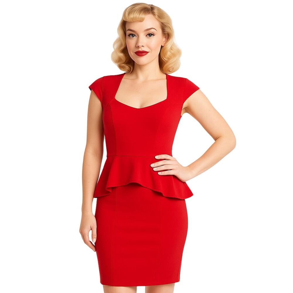 Vintage Y2K Bebe Red Peplum Pin-up Dress Fitted Over the Knee Size XS